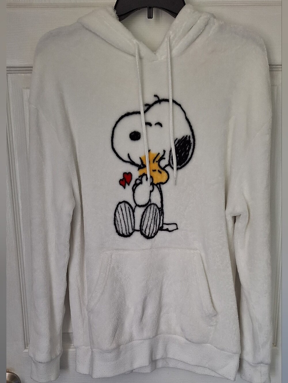 Peanuts Snoopy & Woodstock Plush Fuzzy Hoodie White Size Small